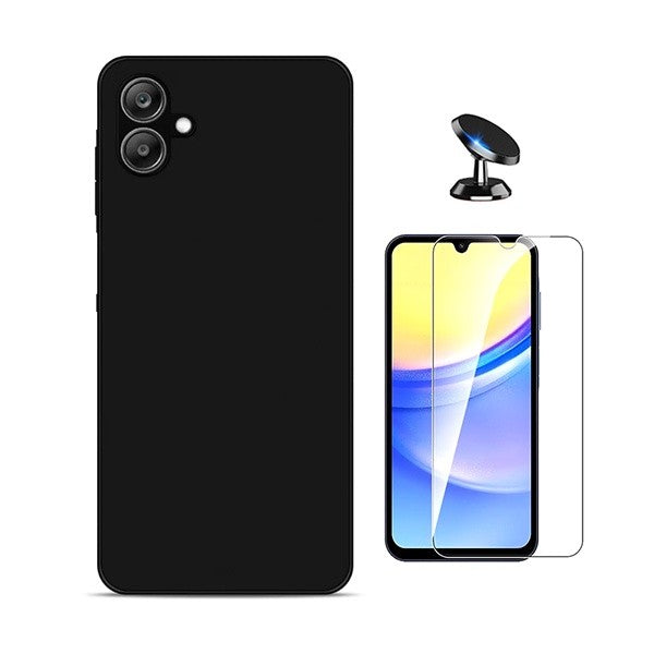 Tempered Glass Screen Protector and Silicone Case with Car Mount for Samsung Galaxy A07 - Black
