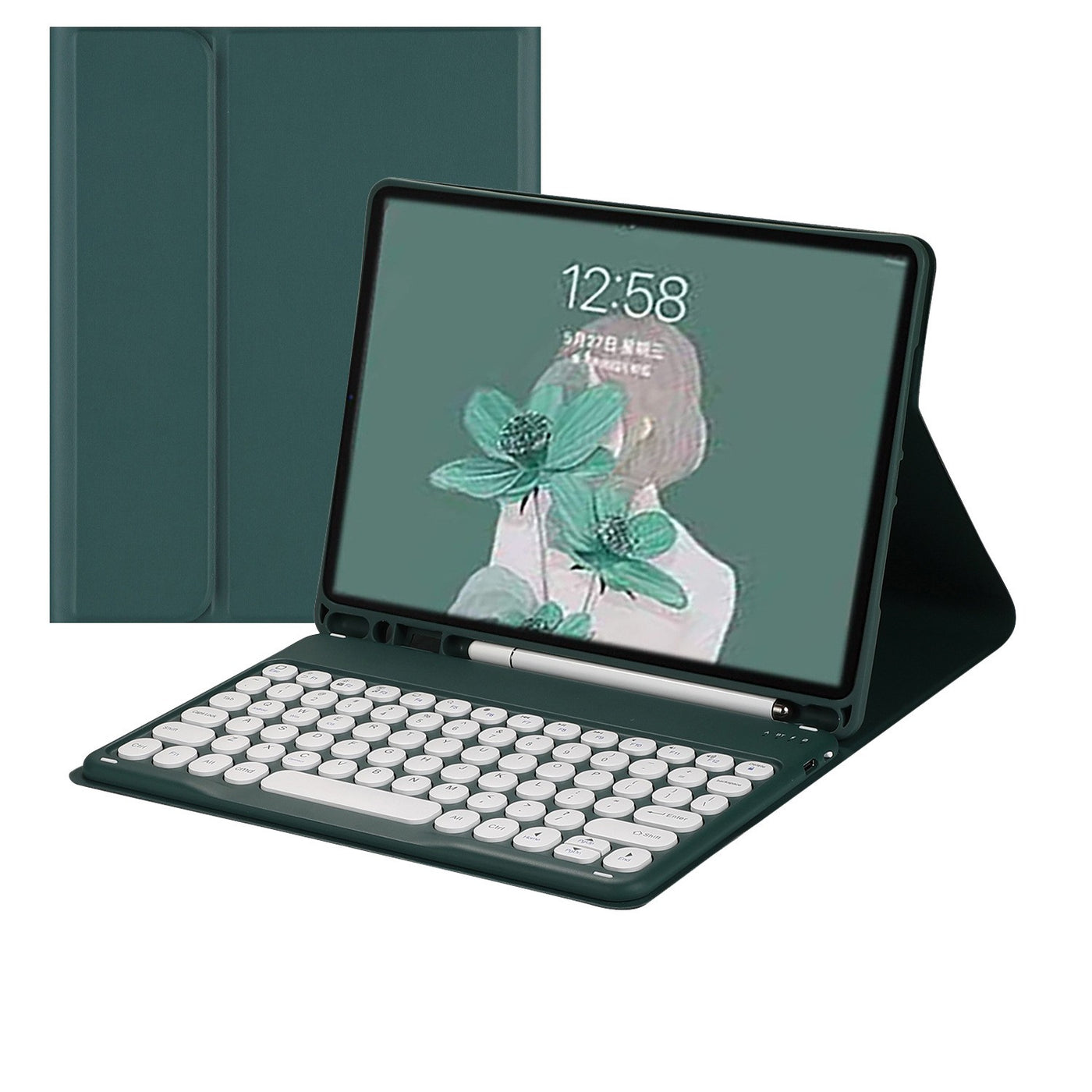 Bluetooth Keyboard Case Compatible with Samsung Galaxy Tab S10 Plus 12.4", Round Keys, Dark Green