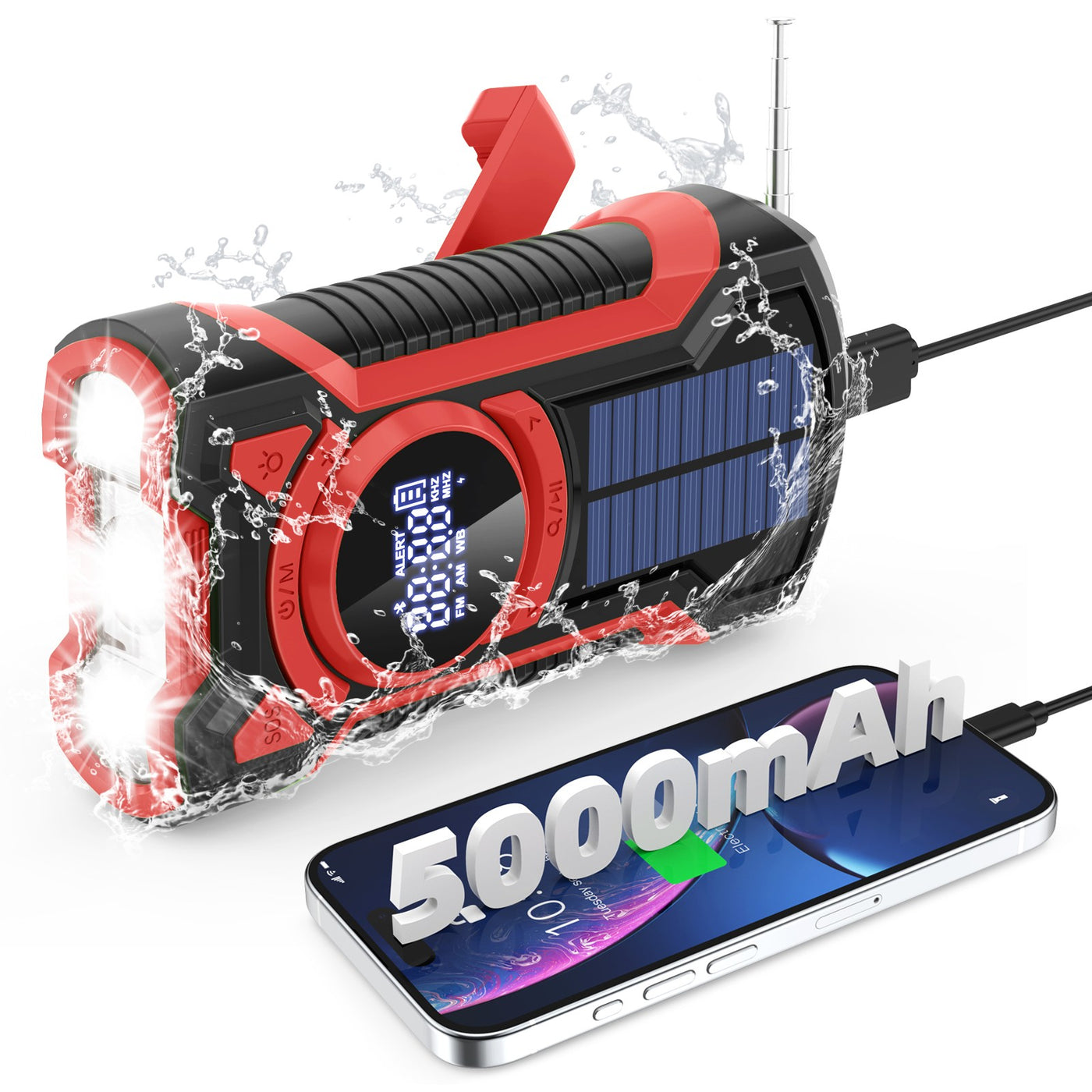 Solar Emergency Radio with Hand Crank, AM/FM/Weather, Bluetooth, Flashlight, 5000mAh