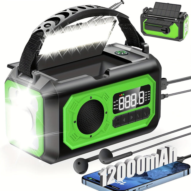 Solar Emergency Weather Radio, AM/FM, LED Flashlight, Compass, 12000mAh, for Outdoor