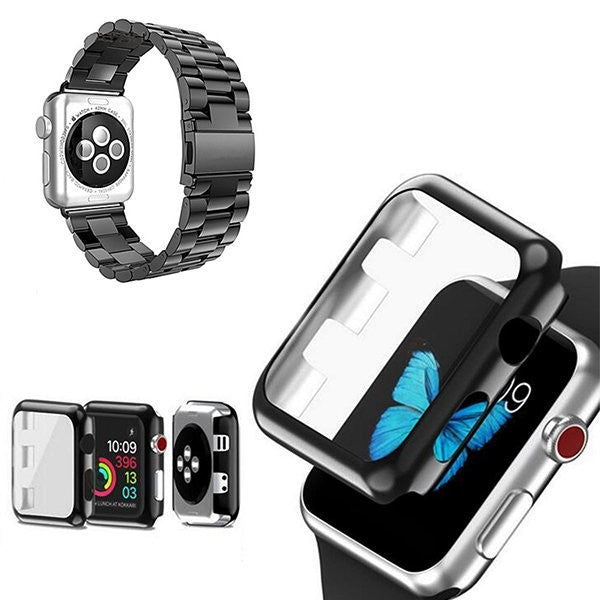 Stainless Steel Bracelet Kit with Tool, Impact Case for Apple Watch Series 11 42mm, Black
