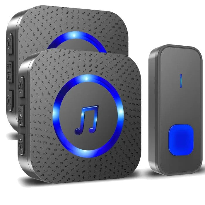 Wireless Doorbell 300M Range, 55 Melodies, 5 Volume Levels, Blue LED, 1 Transmitter + 2 Receivers