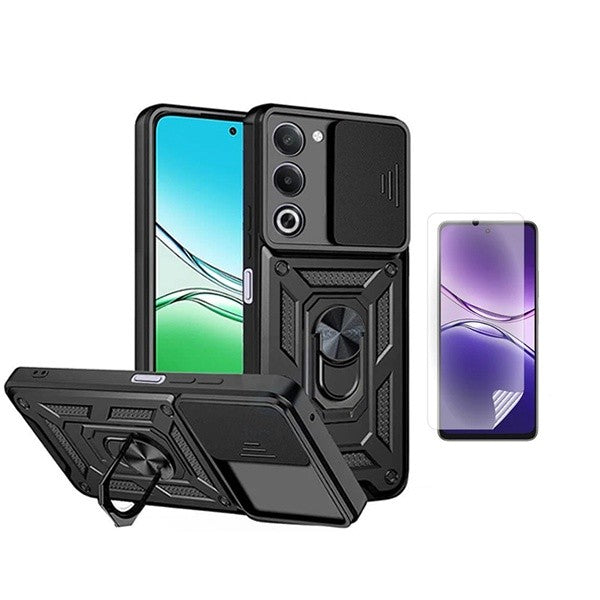 Magnetic Window Case with Ring Holder & Screen Protector Compatible with Oppo A5 4G, Black