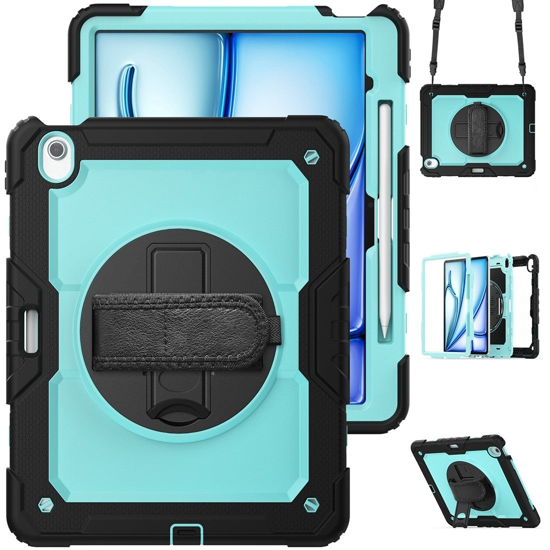 Silicone Case for iPad Air 13 2024, Dual Layer Protective Cover with 360° Stand, Light Blue + Black