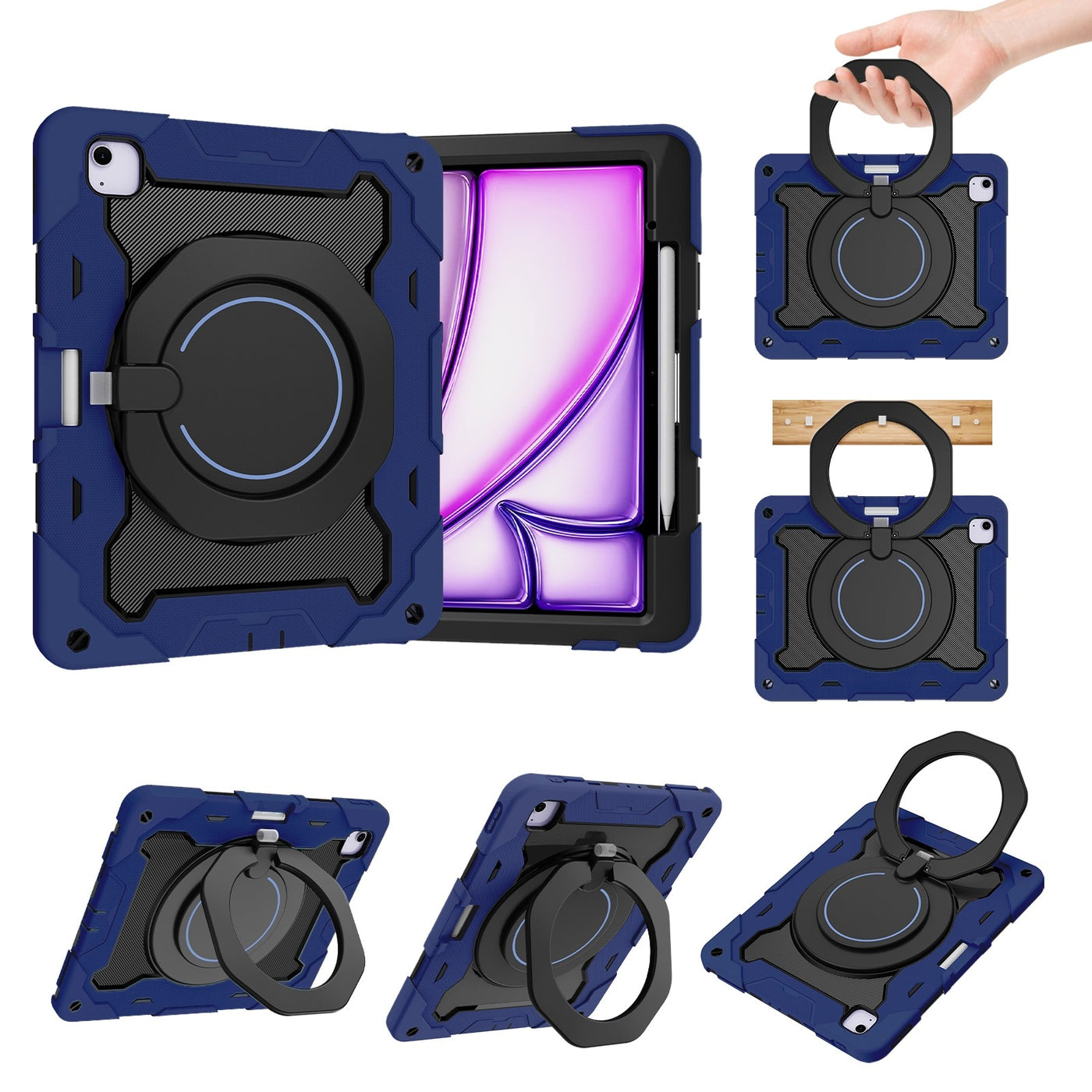 Case for iPad Air 13 2024, Silicone with Rotating Ring Stand, Pen Slot, Navy Blue
