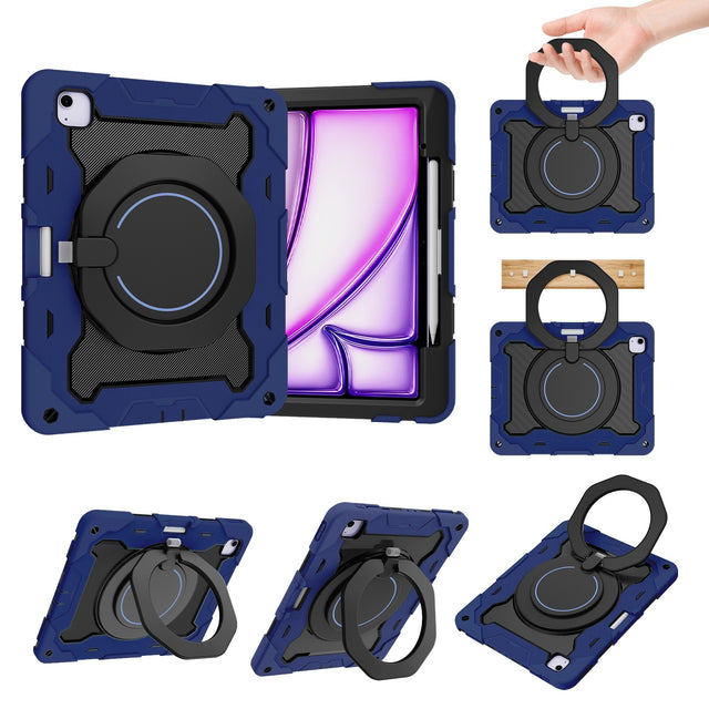 Case for iPad Air 13 2024, Silicone with Rotating Ring Stand, Pen Slot, Navy Blue