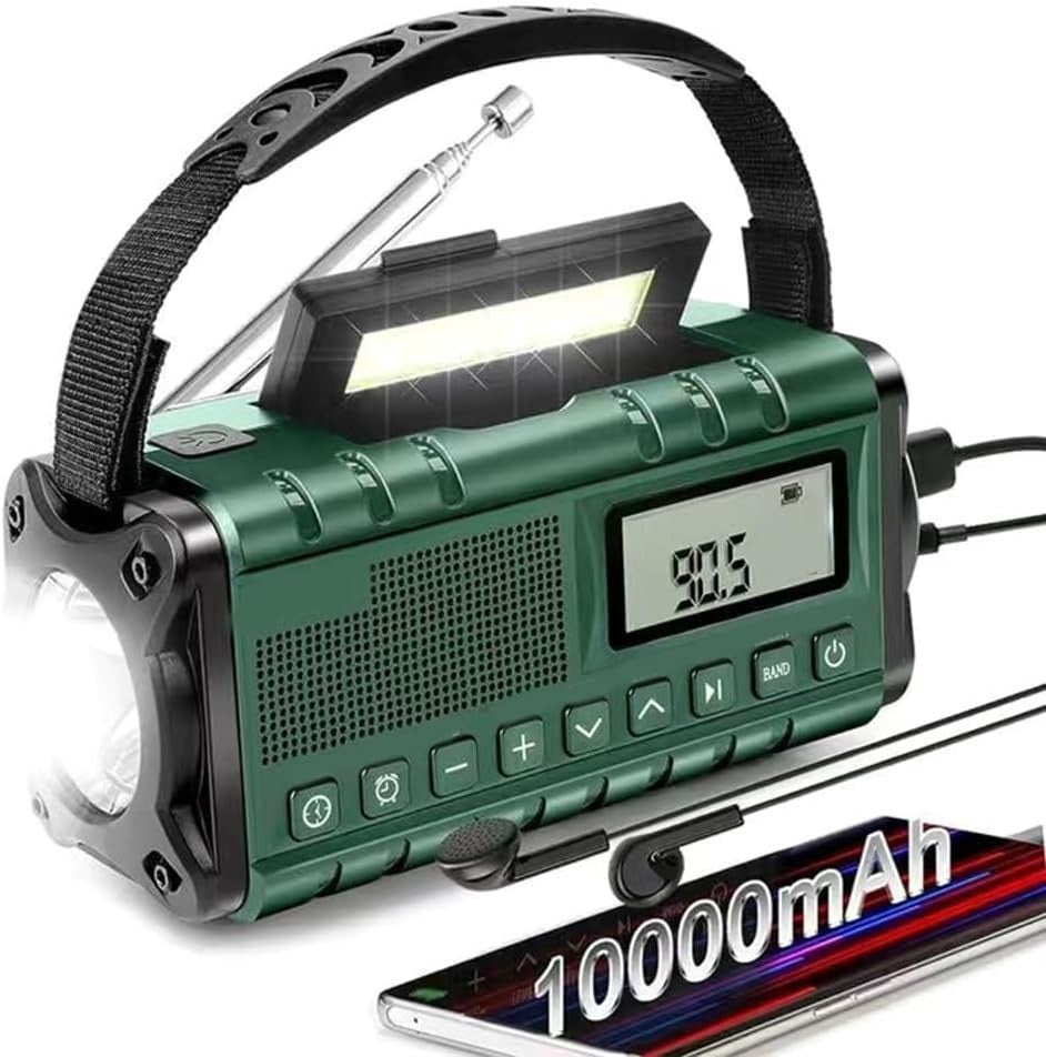 Portable Emergency Radio AM/FM/SW, 10000mAh, with Flashlight & Charger, Green
