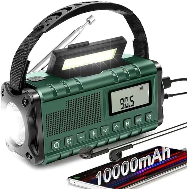 Portable Emergency Radio AM/FM/SW, 10000mAh, with Flashlight & Charger, Green