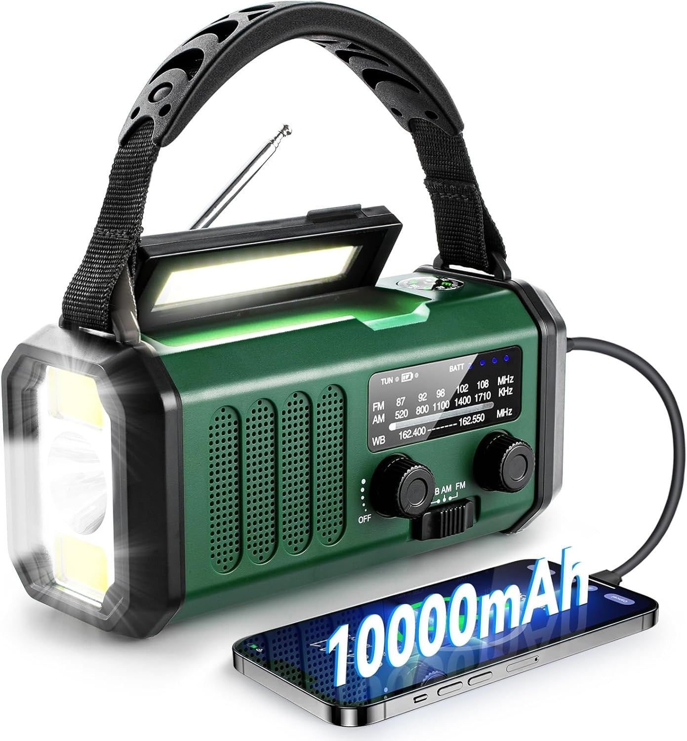 Solar Emergency Radio AM/FM Weather Alert, Flashlight, Reading Lamp, SOS Alarm, 10000mAh