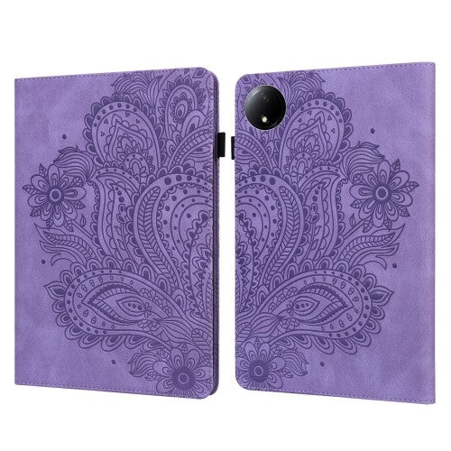 Leather Case for Xiaomi Redmi Pad SE 8.7, Peacock Embossed, Purple, with Card Slot & Stand