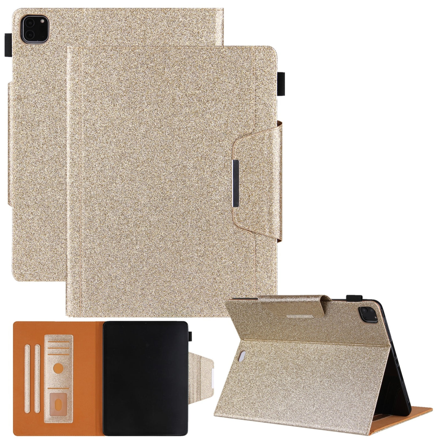 Glitter Flip Case for iPad Pro 12.9 2022-2018, Leather Tablet Cover with Card Slot & Stand, Gold