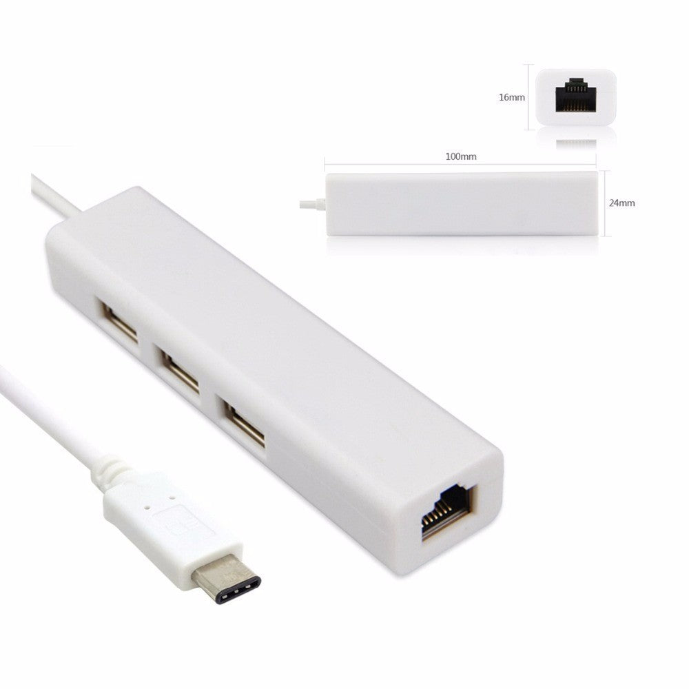 USB-C to Ethernet Adapter RJ45, 3 USB Hub Ports, Gigabit 10/100/1000 Mbps