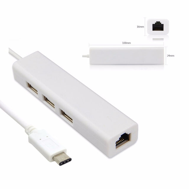 USB-C to Ethernet Adapter RJ45, 3 USB Hub Ports, Gigabit 10/100/1000 Mbps