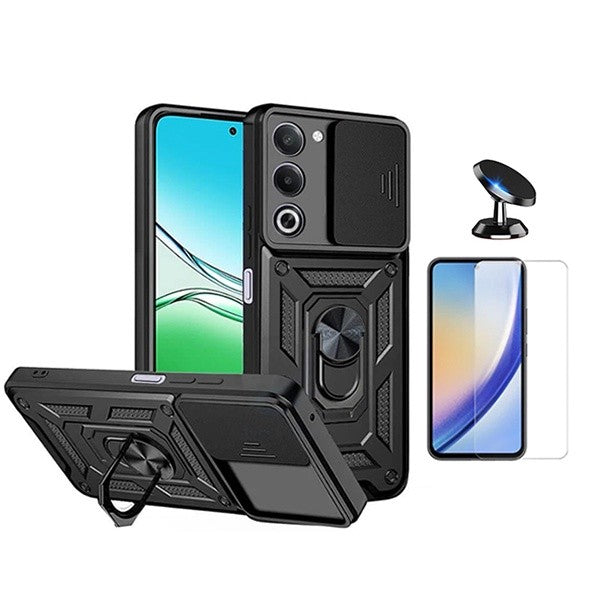 Magnetic Slide Window Case for Oppo A5 5G, Tempered Glass, Shockproof, with Stand, Black