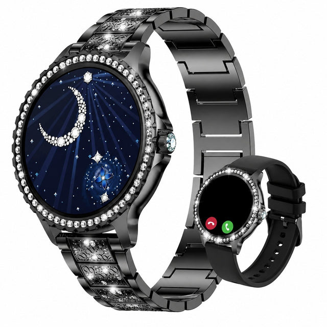 Women's Smartwatch with Diamond, 1.32" Touch Screen, Heart Rate/Sleep Monitor, Menstrual Cycle Tracker, Black