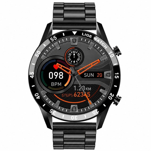Smartwatch for Android iOS, Men's Sport Bracelet, Waterproof, Bluetooth Calling, Black Steel Band