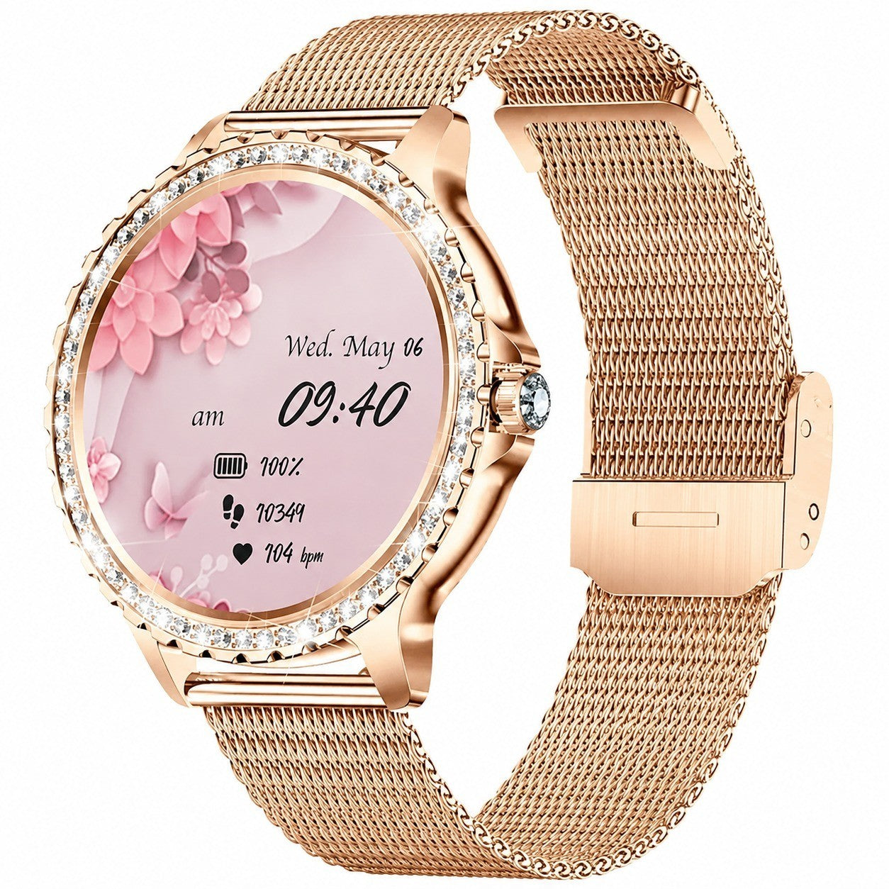 Women's Bluetooth Smartwatch with Calling, 1.32" HD Touch Screen, Diamond Mesh, Rose Gold, Heart Rate Monitor