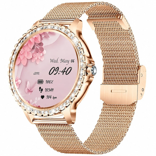 Women's Bluetooth Smartwatch with Calling, 1.32" HD Touch Screen, Diamond Mesh, Rose Gold, Heart Rate Monitor