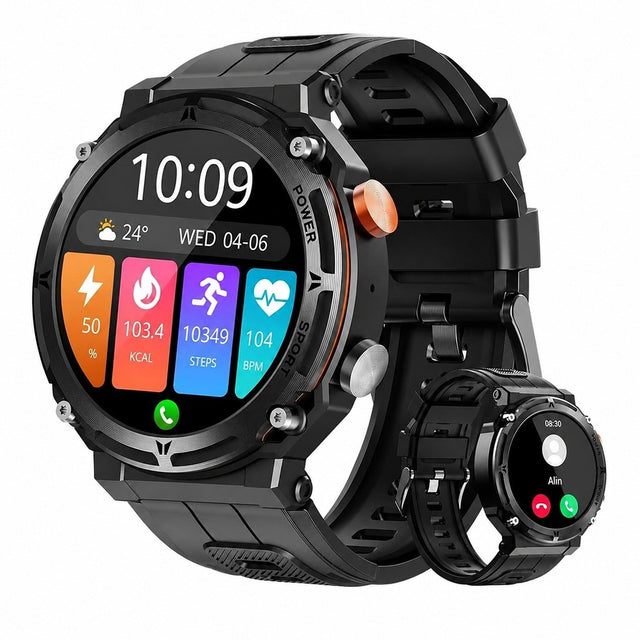 Men's Military Smart Watch with Bluetooth Calling, 5 ATM Waterproof, Activity Tracker, HD Display, IP68, Black