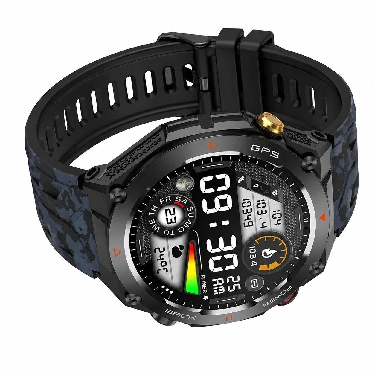 Outdoor Smartwatch with GPS Compass, Camo-Black, 100+ Sports Modes, Health Monitor