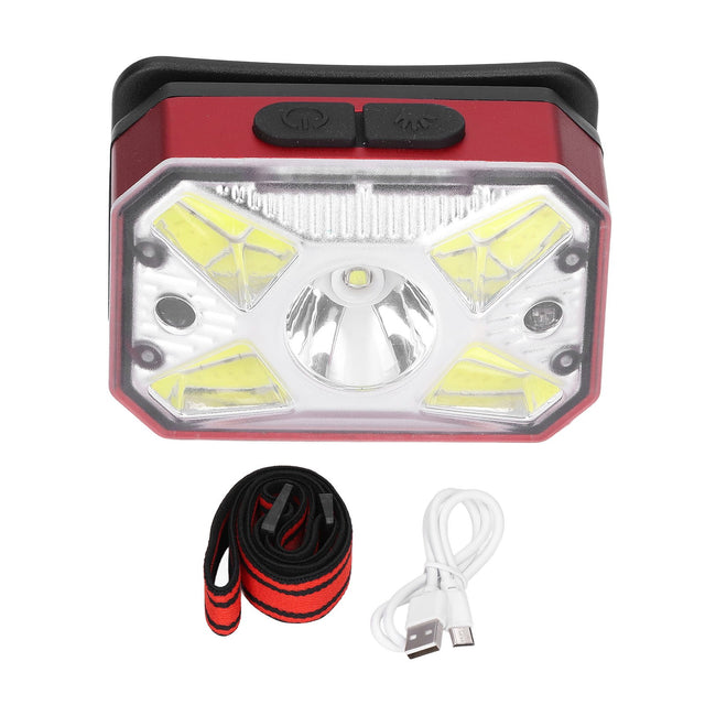 LED Headlight, COB Induction, USB Rechargeable, Flashlight for Night Running, Red