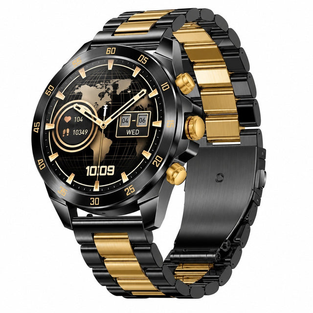 Men's Smartwatch, Black and Gold Stainless Steel Bracelet, 1.43" AMOLED Display, Bluetooth Calling, Voice Assistant