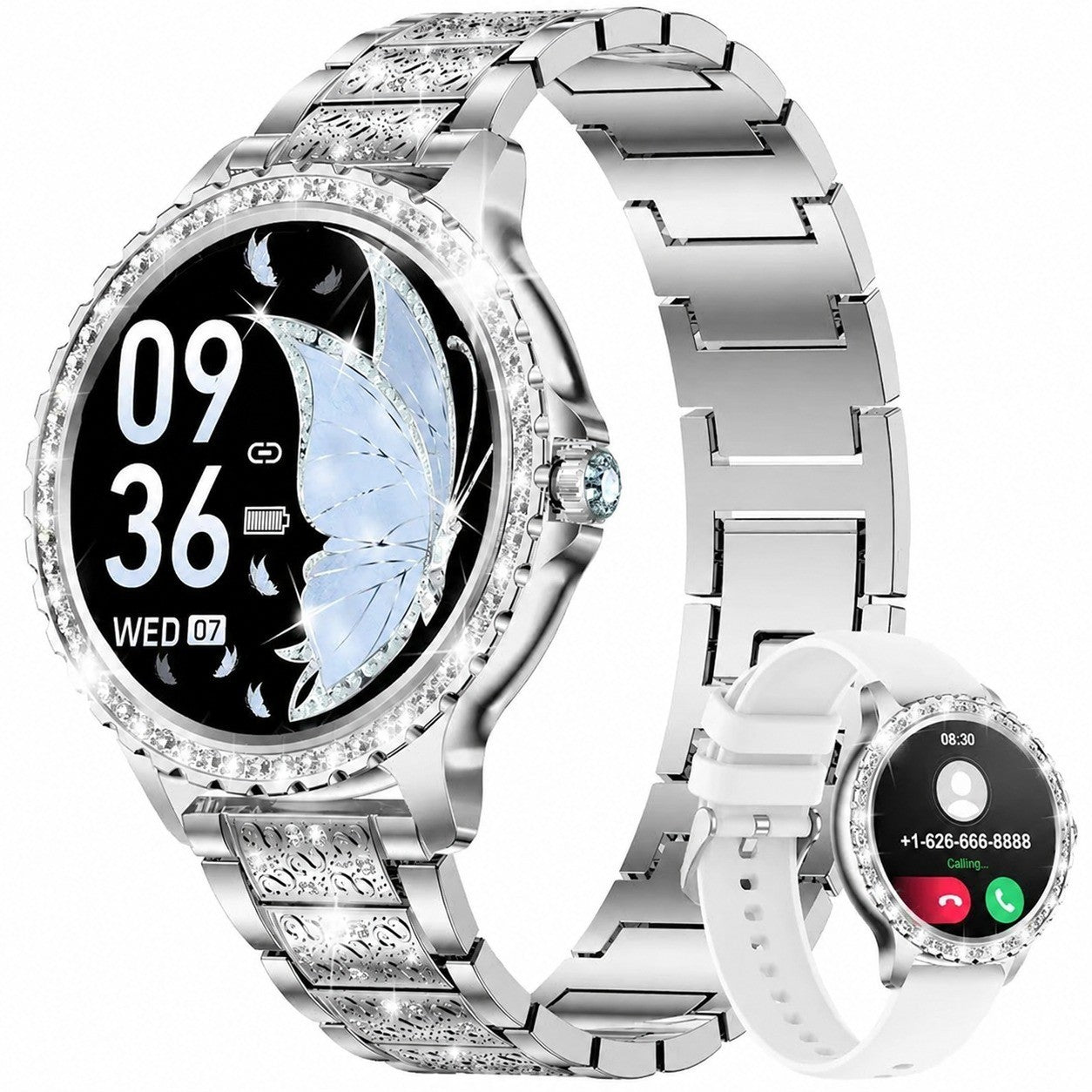 Women's Smartwatch with Diamonds, Phone Call, Touchscreen, Heart Rate Monitor, 100 Sports Modes