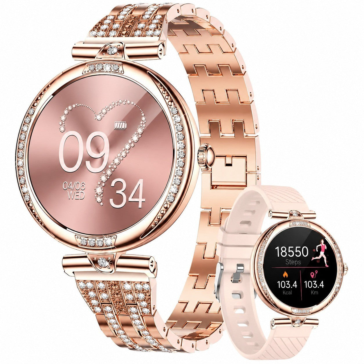 Women's Smartwatch with Bluetooth Calling, 1.19" AMOLED, Rose Gold, Stainless Steel, Diamond, Small