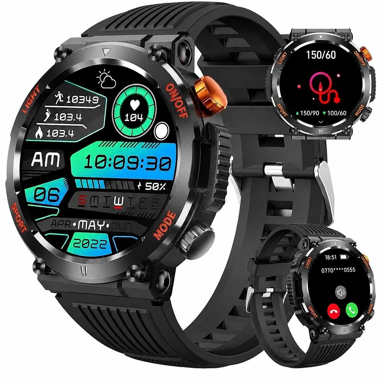 1.44" HD Smartwatch, 450mAh Battery, Compass & Flashlight, Rugged Outdoor Sports Watch