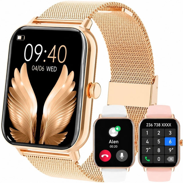 Smartwatch with Calling, 1.85" Touchscreen, Heart Rate/Sleep Monitor, Pedometer, Women Men, Gold