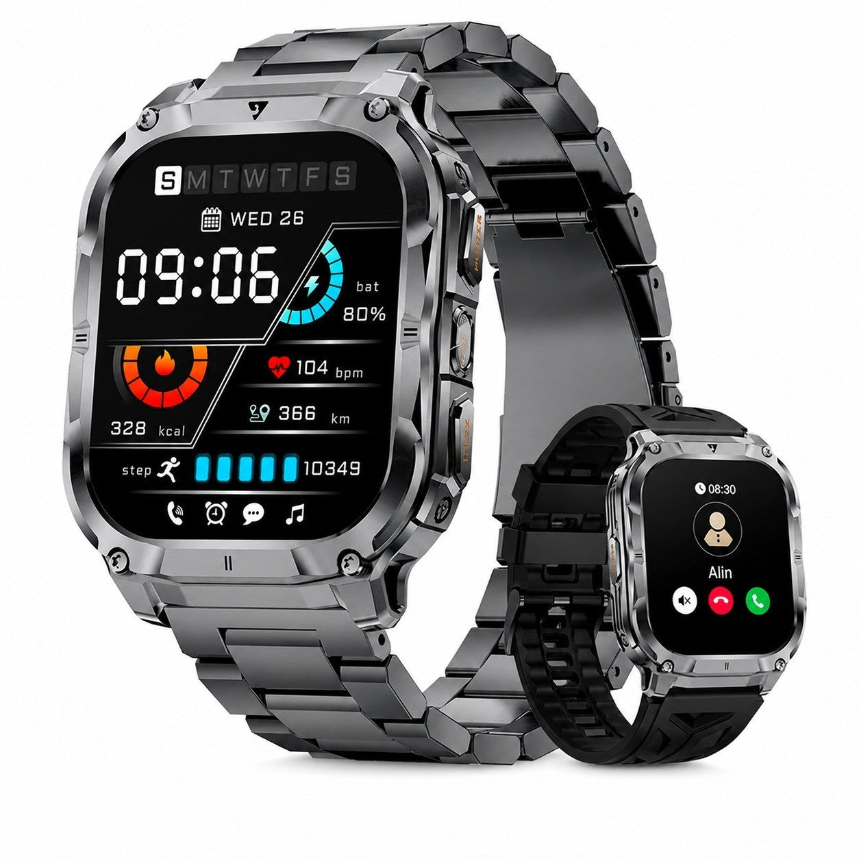 Military Style Smartwatch for Men, 2.0" HD Screen, Bluetooth Calling, Android/iOS, Black/Steel