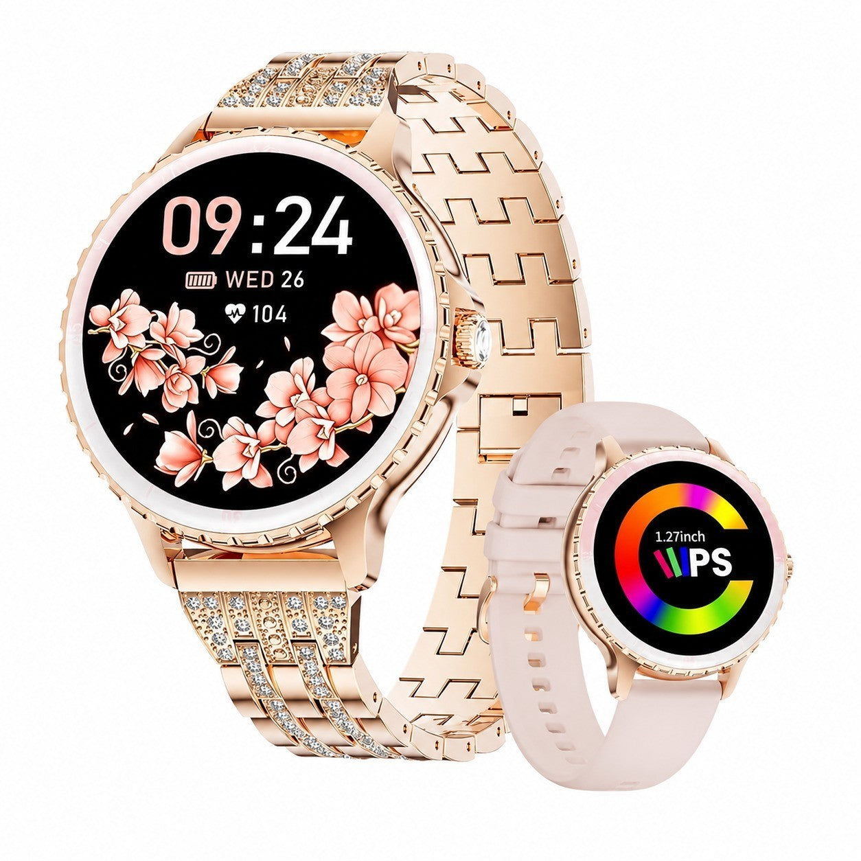 Women's Smartwatch, Rose Gold, 1.27" HD, Stainless Steel, Diamond, Bluetooth Call, Heart Rate Monitor