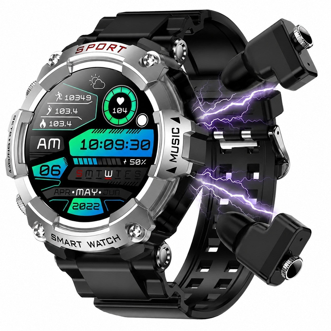 Smartwatch with Earphones, 1.52" HD Screen, Calls, Activity Tracking, IP67 Waterproof, Silver