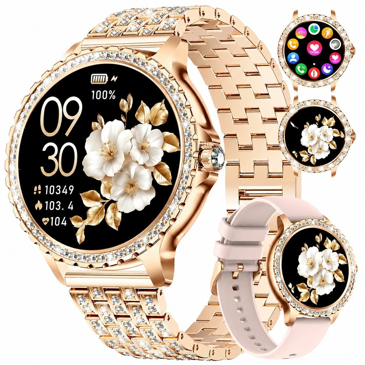 Women's Smartwatch with Calls, 1.32" HD Touch Screen, Diamond Style, Rose Gold Steel, Bluetooth, for Android iOS