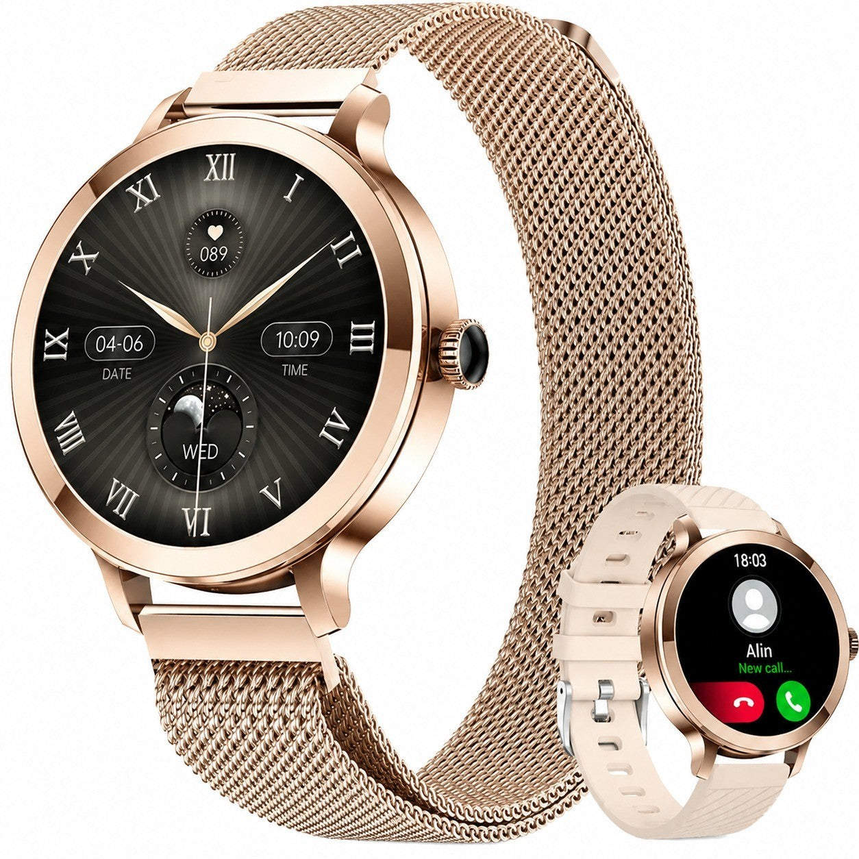 Women's Smartwatch, Rose Gold, 1.11" AMOLED, Bluetooth Calls, 120+ Sports Modes, Heart Rate & Sleep Monitor, iOS/Android