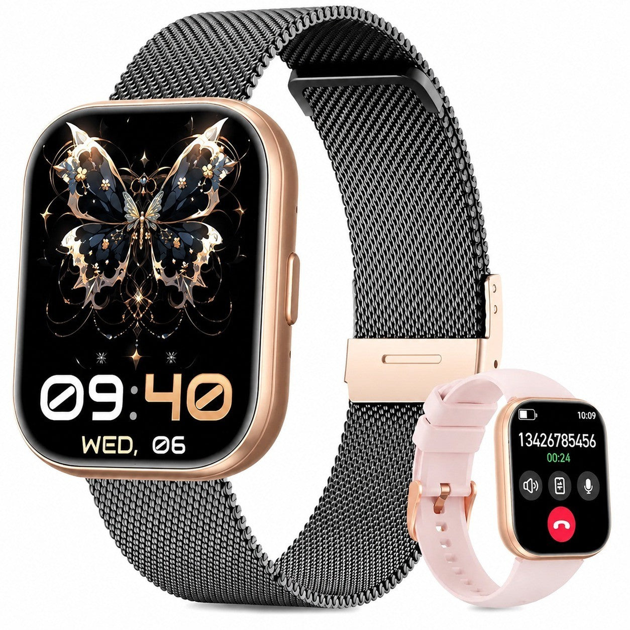 Women's Smartwatch 1.75" TFT, Bluetooth Calling, Heart Rate, SpO2, Blood Pressure, Sleep Tracker, Black Gold