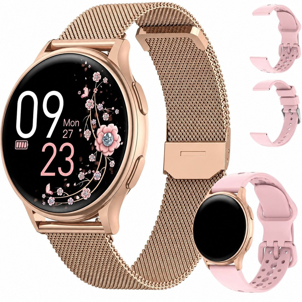 Women's Smartwatch with Bluetooth Calling, 1.27" Round, 3 Straps, Heart Rate Monitor, Rose Gold