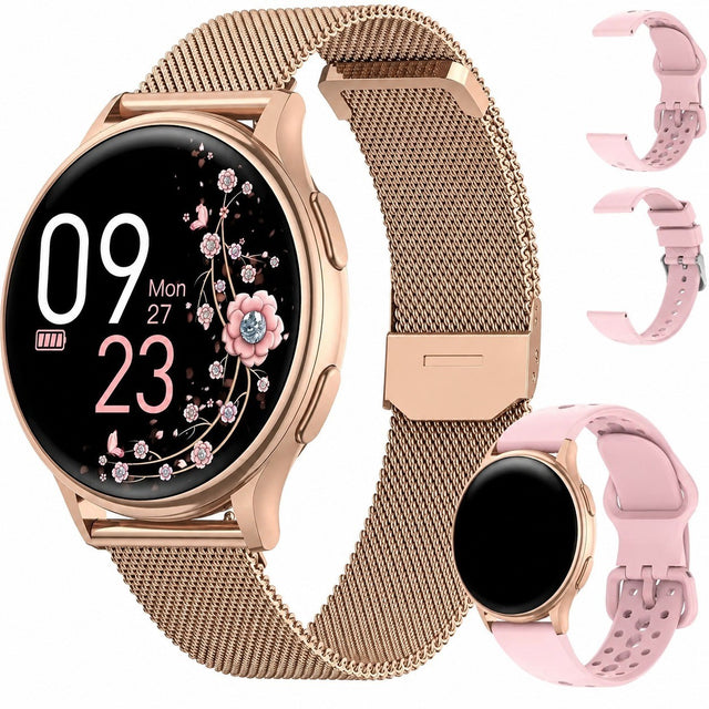 Women's Smartwatch with Bluetooth Calling, 1.27" Round, 3 Straps, Heart Rate Monitor, Rose Gold