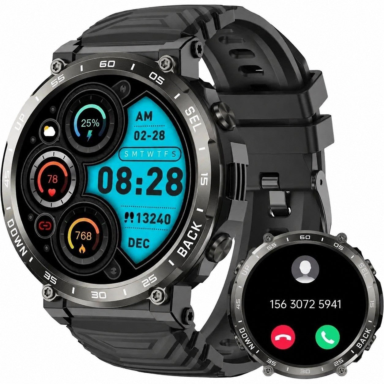 Smartwatch for Men, Bluetooth Call, Waterproof Military Style Fitness Tracker, Digital Watch