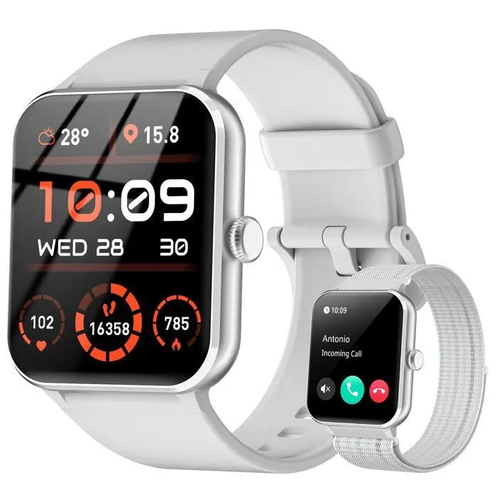 Smartwatch with Bluetooth Calling, Heart Rate Monitor, Activity Tracker, 100+ Watch Faces, 2 Gray Straps