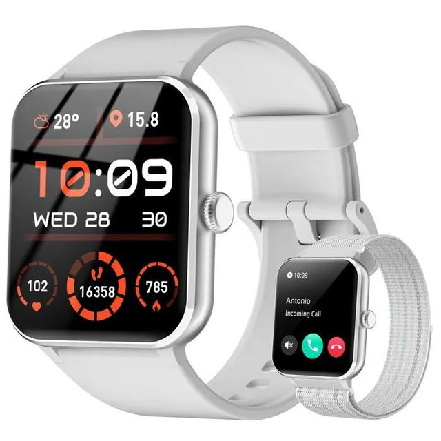 Smartwatch with Bluetooth Calling, Heart Rate Monitor, Activity Tracker, 100+ Watch Faces, 2 Gray Straps