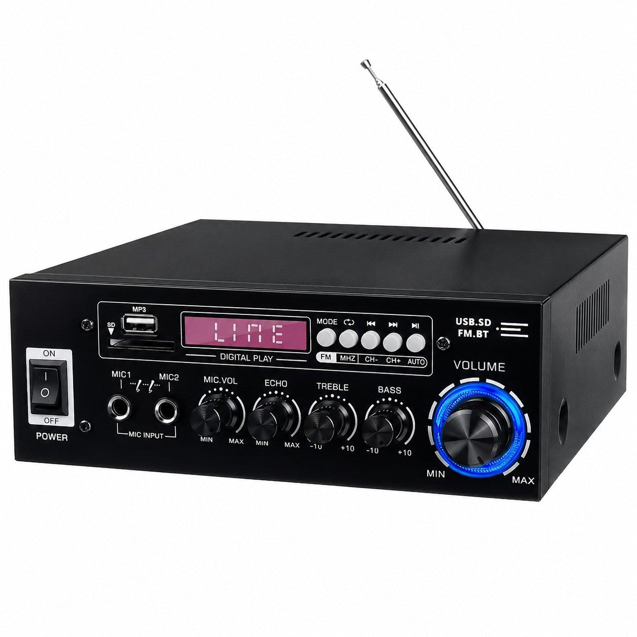 Bluetooth 5.0 Power Amplifier, Stereo Radio Amp, 2 Mic Input, Car Home Use, Black