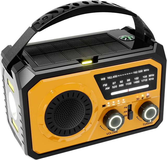 Portable Solar Radio, AM/FM/NOAA, Bluetooth 5.3, SOS, Compass, Flashlight, Yellow, 16000mAh