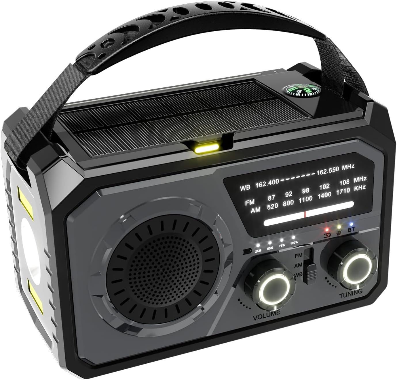 Solar Crank Radio, NOAA/AM/FM, SOS, Bluetooth 5.3, Flashlight, Gray, 16000mAh