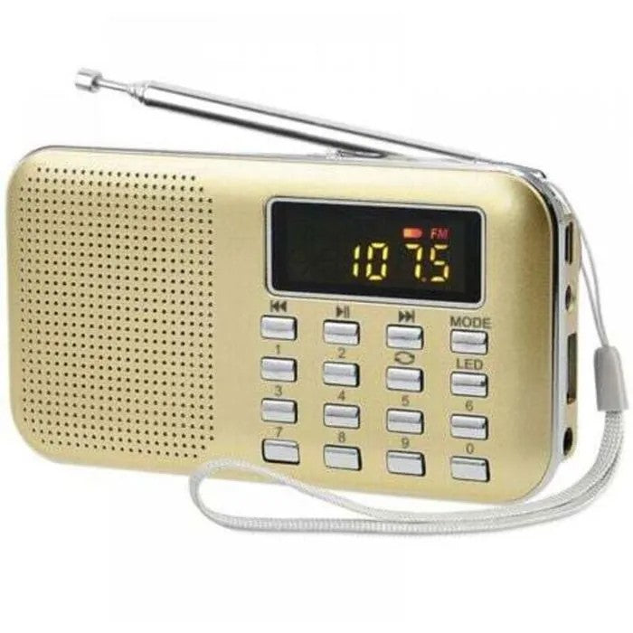 Portable FM/AM Radio, Gold, Battery & Mains Powered, MP3 Player, Speaker, USB/TF Card, Flashlight