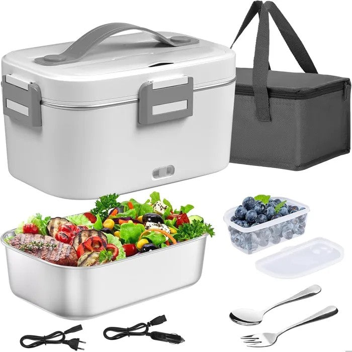 3-in-1 Heated Lunch Box, Electric 12V/24V/220V, Stainless Steel 1.8L, White, Portable for Car Truck Home