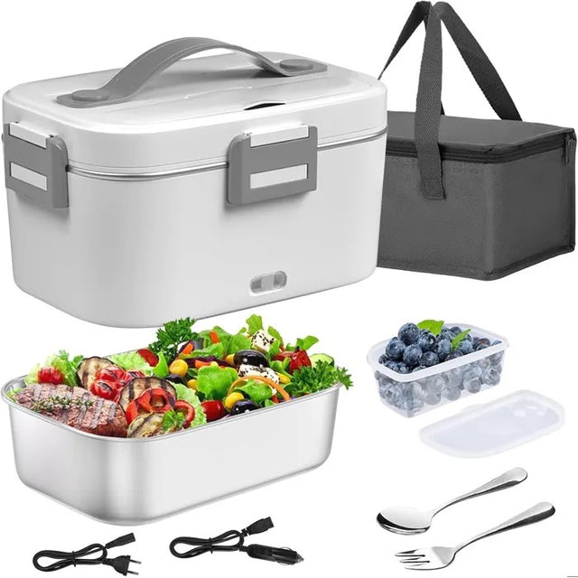 3-in-1 Heated Lunch Box, Electric 12V/24V/220V, Stainless Steel 1.8L, White, Portable for Car Truck Home